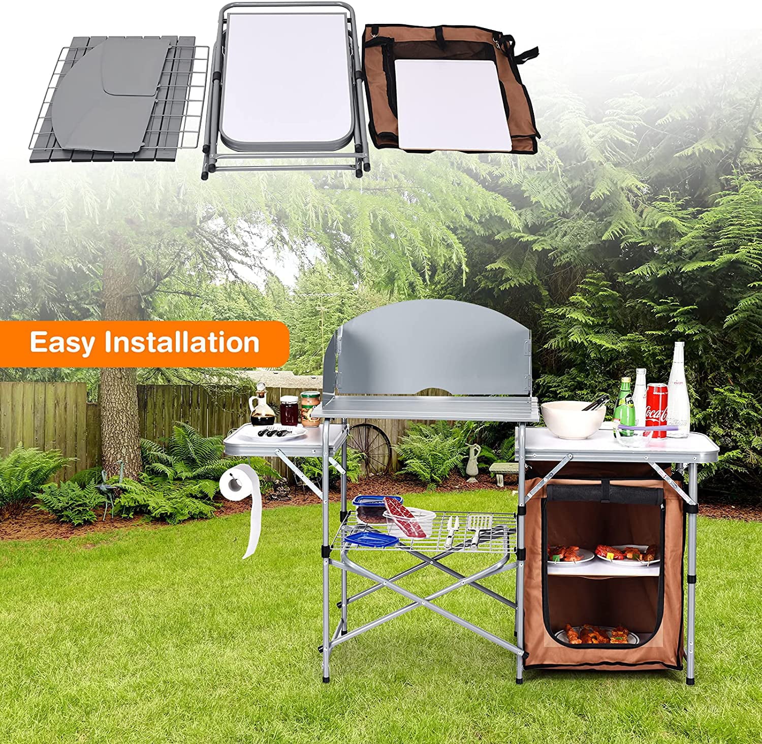 Grill Table with 26'' Tabletop and Detachable Windscreen. Aluminum Portable Camp Cook Station Carry Bag Quick Set-up. BBQ Camping Picnic Backyard Outdoor Camping Kitchen Table (Brown)