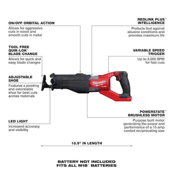 M18 FUEL 18V Lithium-Ion Brushless Cordless Super SAWZALL Orbital Recip Saw. 12.0 Ah. Battery & 8.0ah Starter Kit