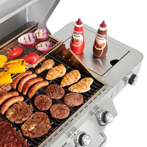 4-Burner Propane Gas Grill in Stainless with Clear View Lid. LED Controls and Side Burner