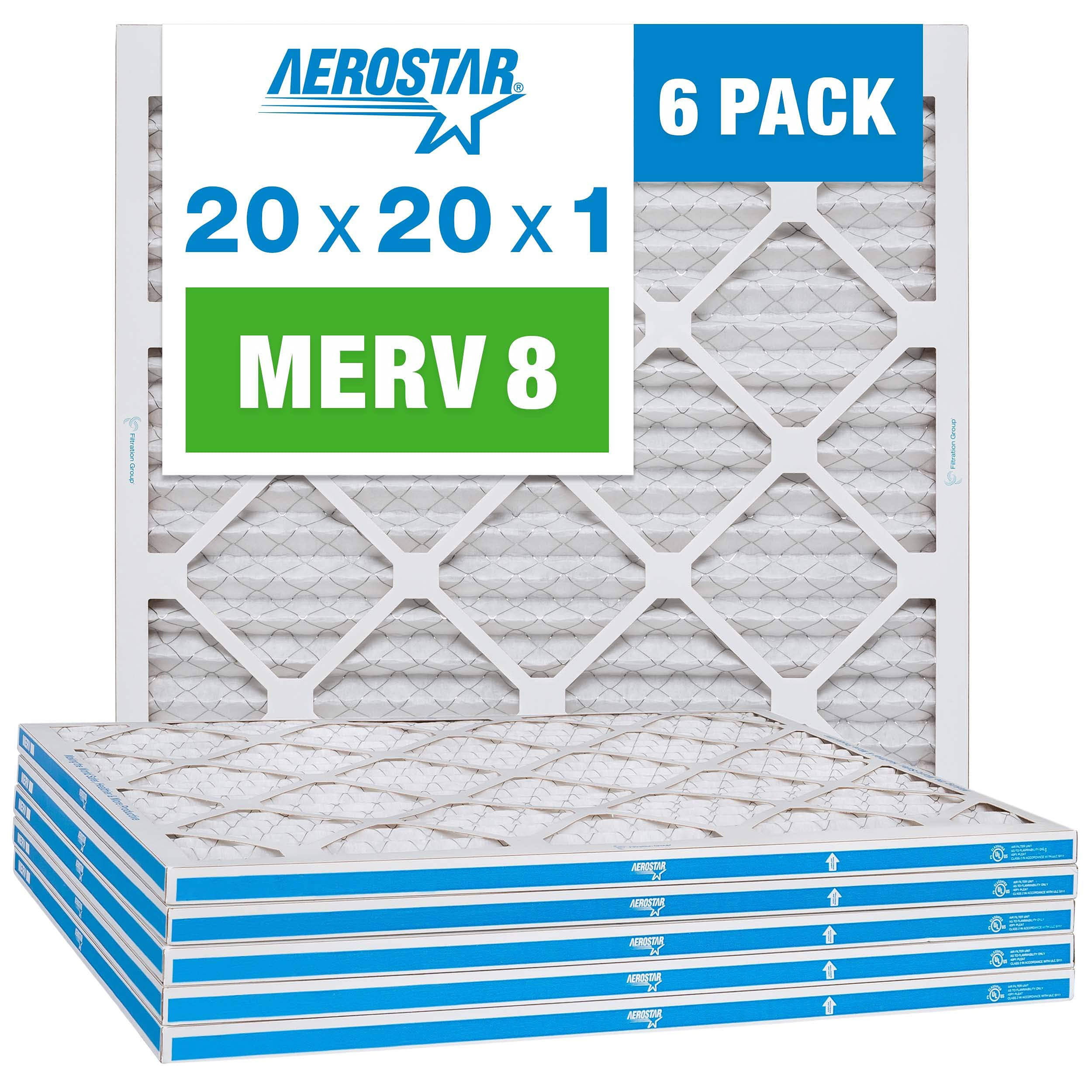 Aerostar 20x20x1 MERV 8 Pleated Air Filter, Made in The USA, 6-Pack