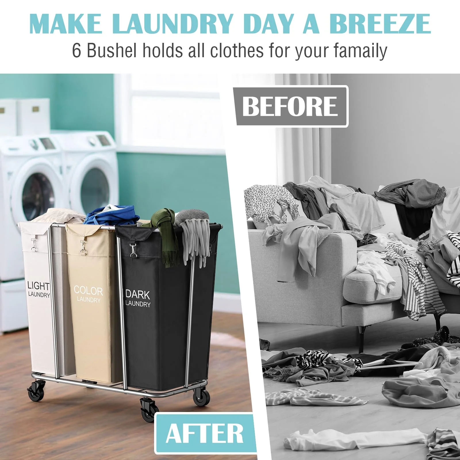 PLKOW Laundry Sorter 3 Section. 220L Large Laundry Cart