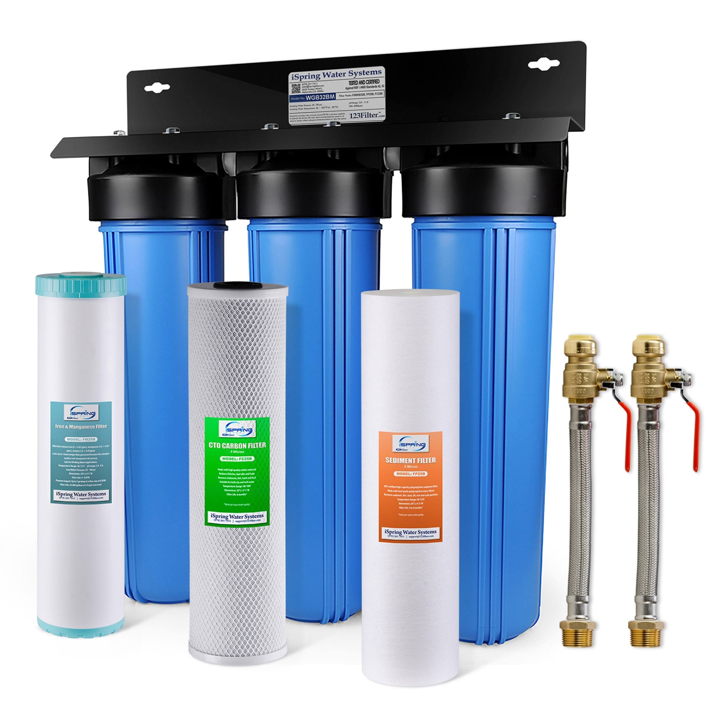 iSpring WGB32BM 3-Stage Whole House Water Filtration System w/ Iron & Manganese Reducing Filter w/ Push-Fit Stainless Steel Hose