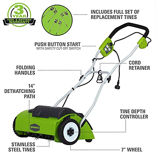 Greenworks 10 Amp 14 Corded Electric Dethatcher (Stainless Steel Tines)