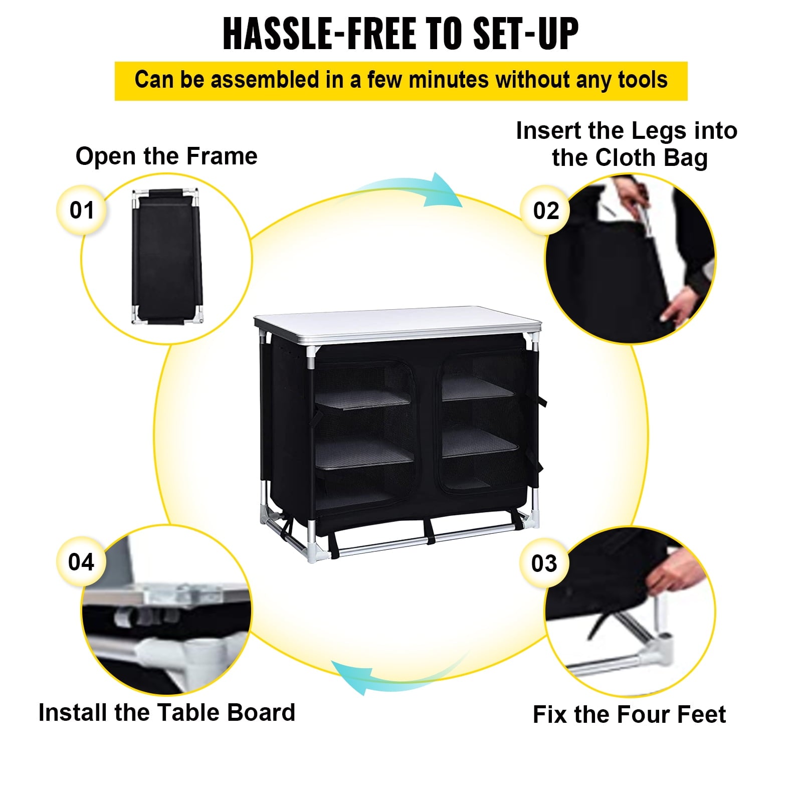 Camping Kitchen Station. Aluminum Portable Folding Cook Table with Storage Organizer and Carrying Bag. Quick Installation for Outdoor BBQ Party Backyards and Tailgating. Black