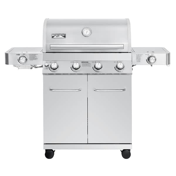 4-Burner Propane Gas Grill in Stainless with LED Controls. Side and Side Sear Burners