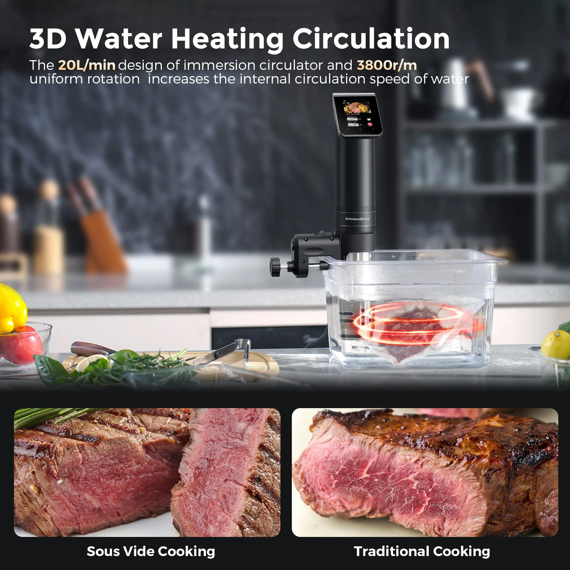 KitchenBoss WIFI Sous Vide Cooker with TFT Preset Recipes