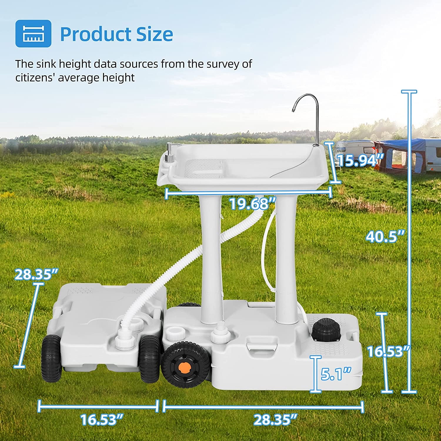 Portable Sink Camping 30 L with Rolling Wheels. Hand Washing Station with 30 L Sewage Tank