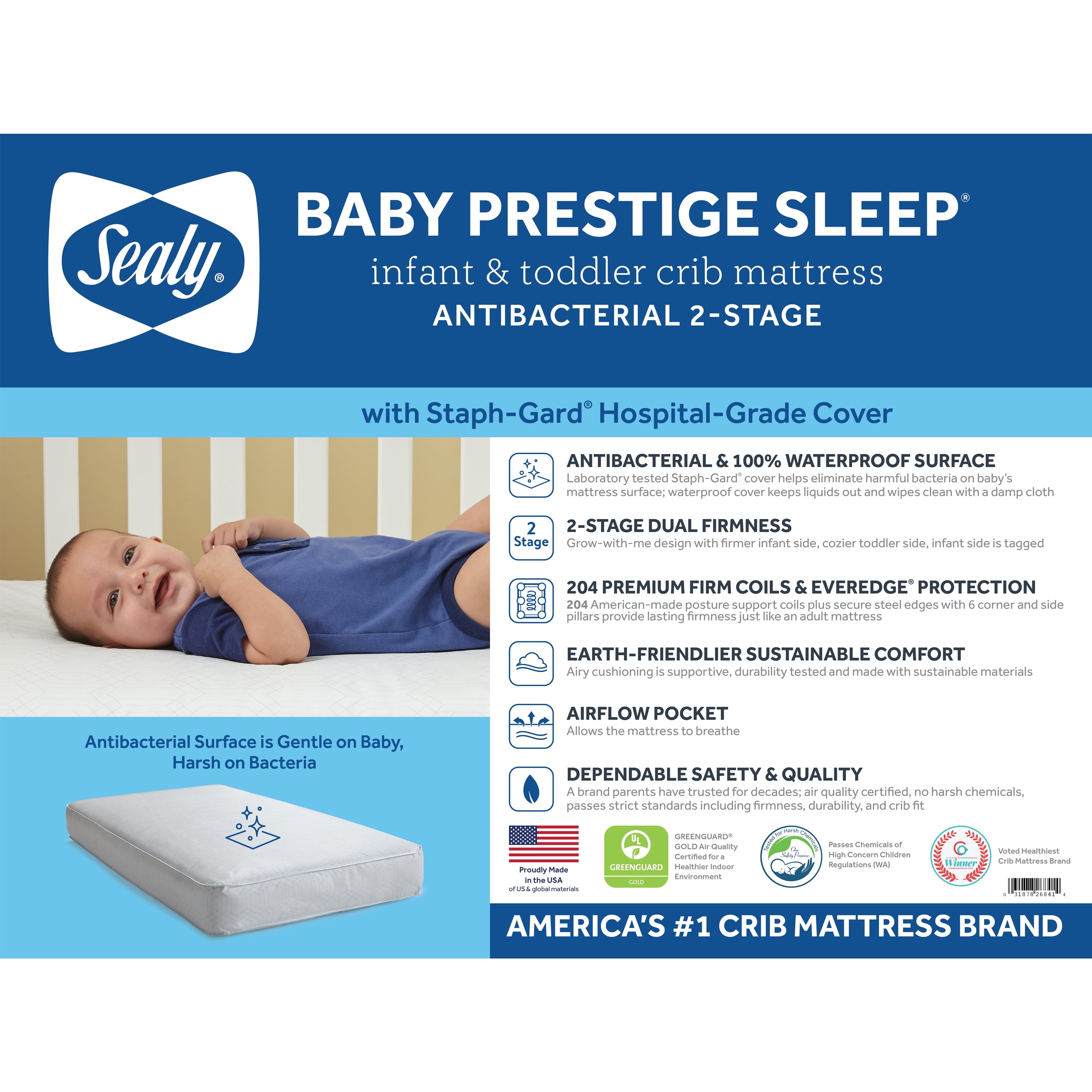 Baby Prestige Sleep Ultra-Premium 2-Stage Antibacterial. 204 Coil. Crib & Toddler Mattress