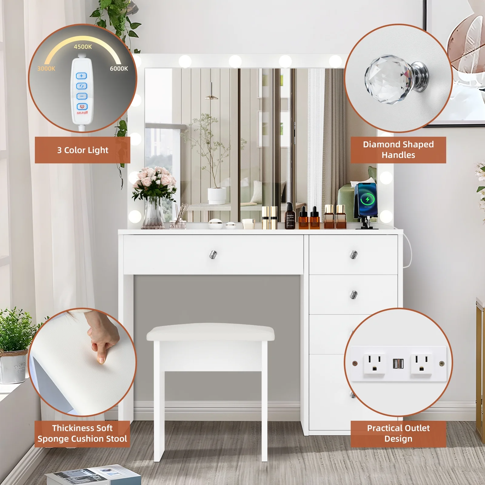 RichYa Modern Vanity Desk Makeup Table with Large LED Mirror and Power Outlet with 2 Sliding Storage White Marble - MadeInUSA