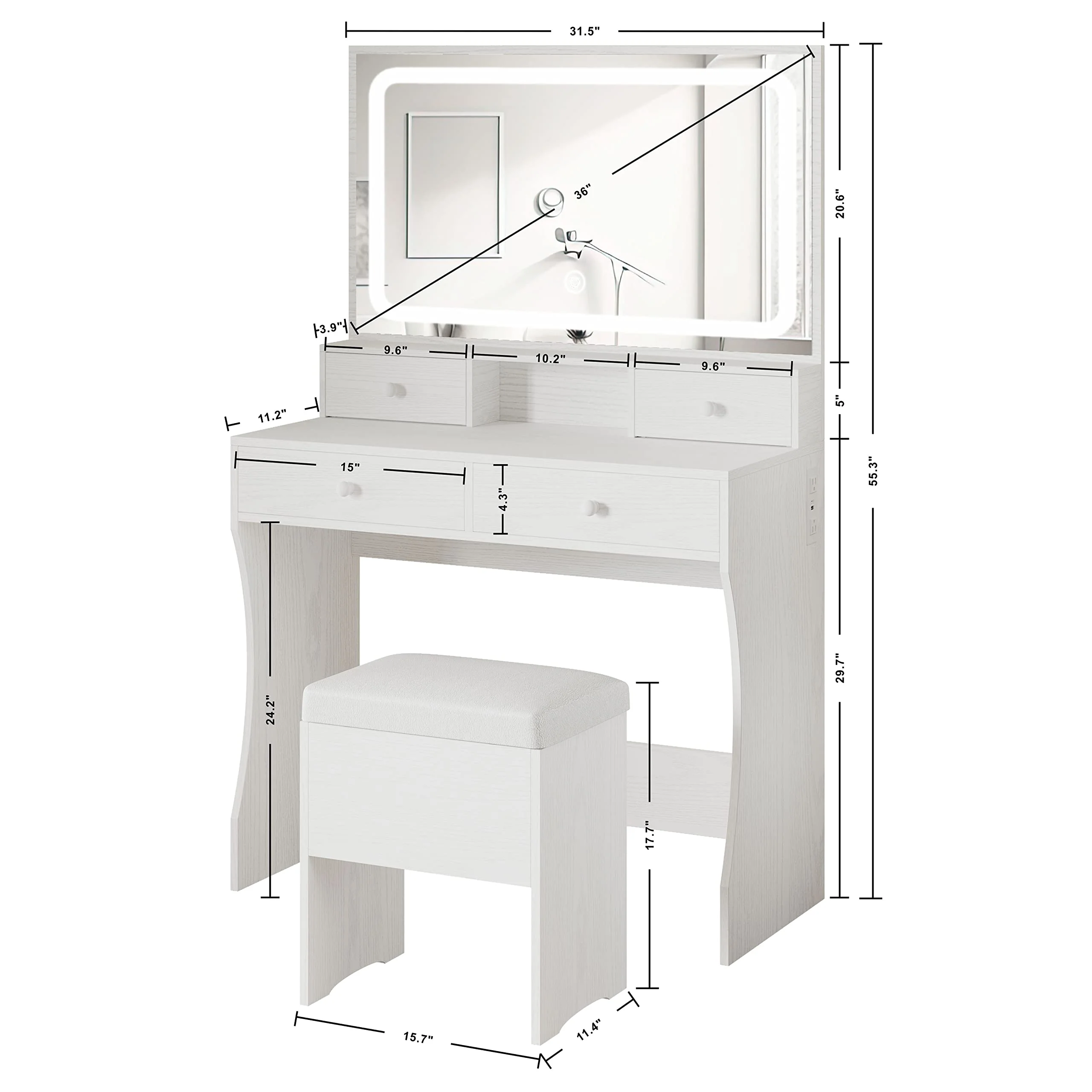 IRONCK Vanity Desk Set with LED Lighted Mirror & Power Outlet