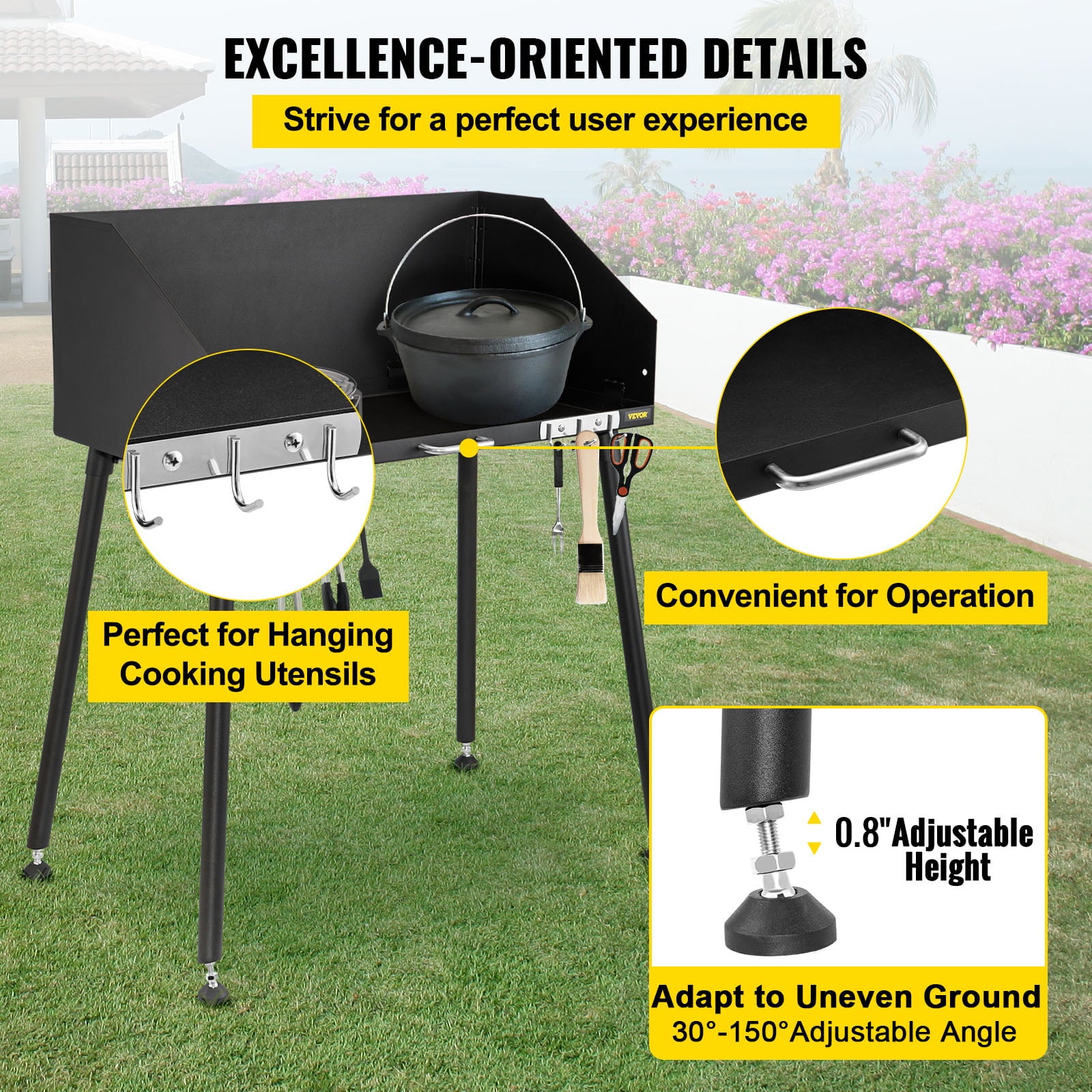 Carbon Steel Camp Cooking Table 38 x 16 inch with Three-Sided Windscreen and Legs for Outdoor Food Preparation and Dutch Oven