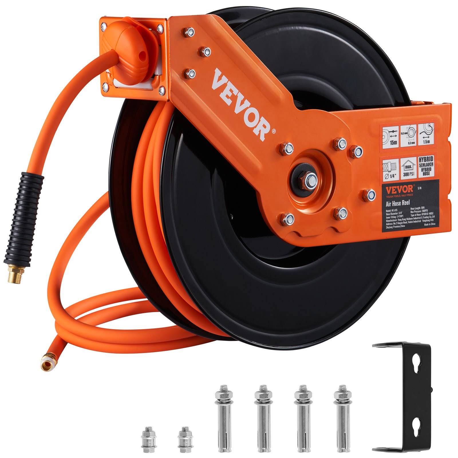 VEVOR Retractable Air Hose Reel, 3/8 in x 50 ft Hybrid Air Hose Max 300Psi, Air Compressor Hose Reel with 5 ft Lead in, Ceiling/Wall Mount Heavy