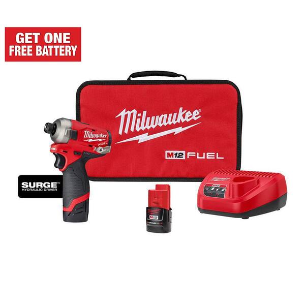M12 FUEL SURGE 12V Lithium-Ion Brushless Cordless 1/4 in. Hex Impact Driver Compact Kit w/Two 2.0Ah Batteries. Bag
