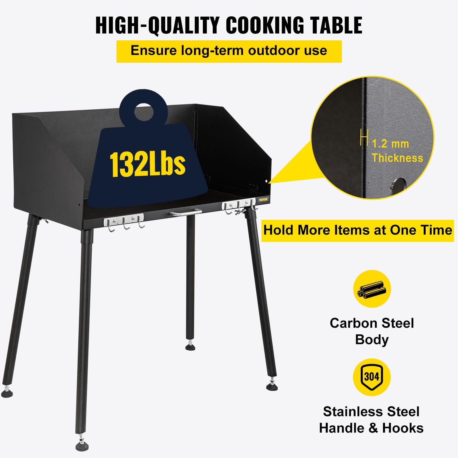 Carbon Steel Camp Cooking Table 38 x 16 inch with Three-Sided Windscreen and Legs for Outdoor Food Preparation and Dutch Oven