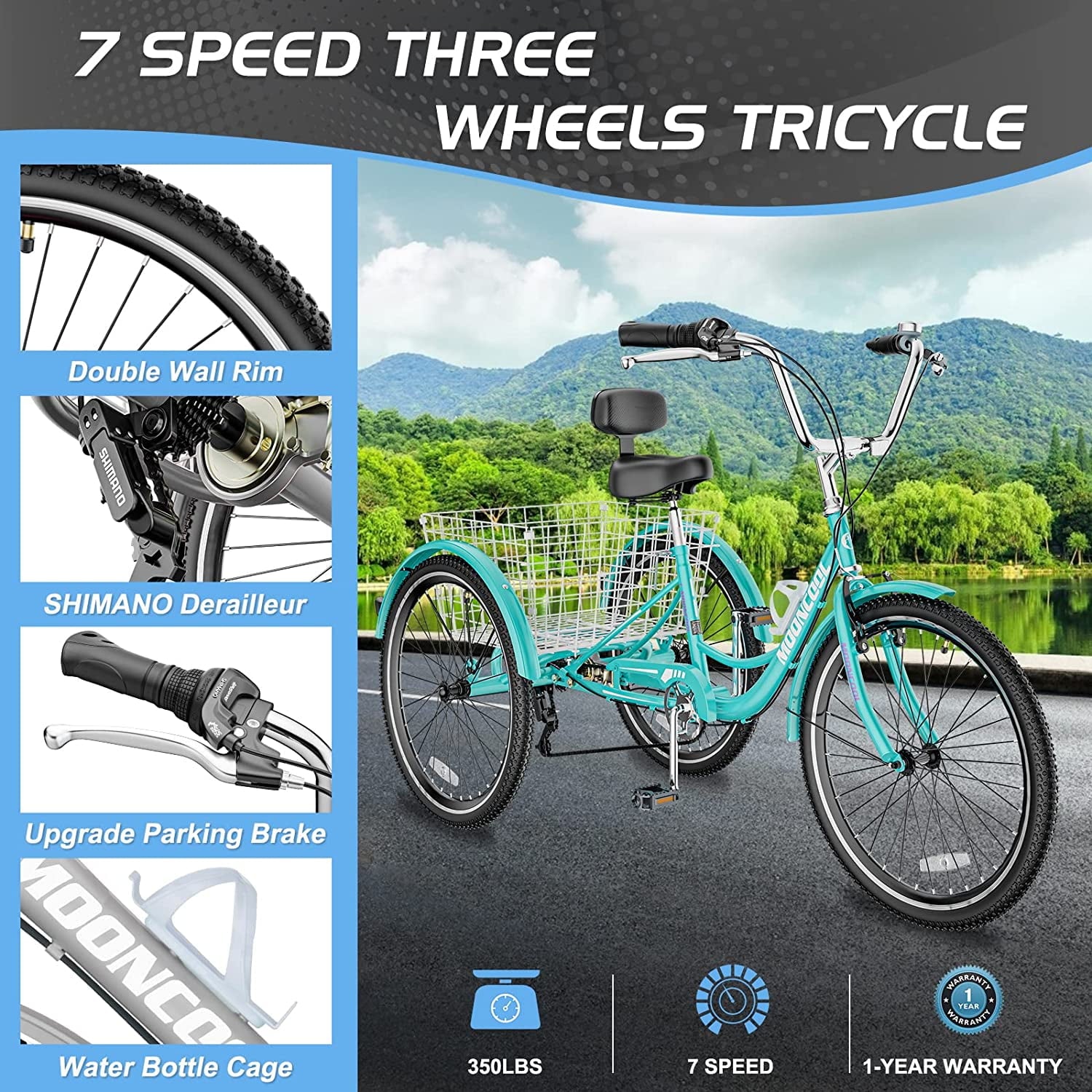 Adult Tricycle 20/24/26 inch 7 Speed. Three Wheel Bicycle for Adult. Trike Cruiser W/ Tools & Big Basket for Exercise Shopping Picnic Outdoor Activities