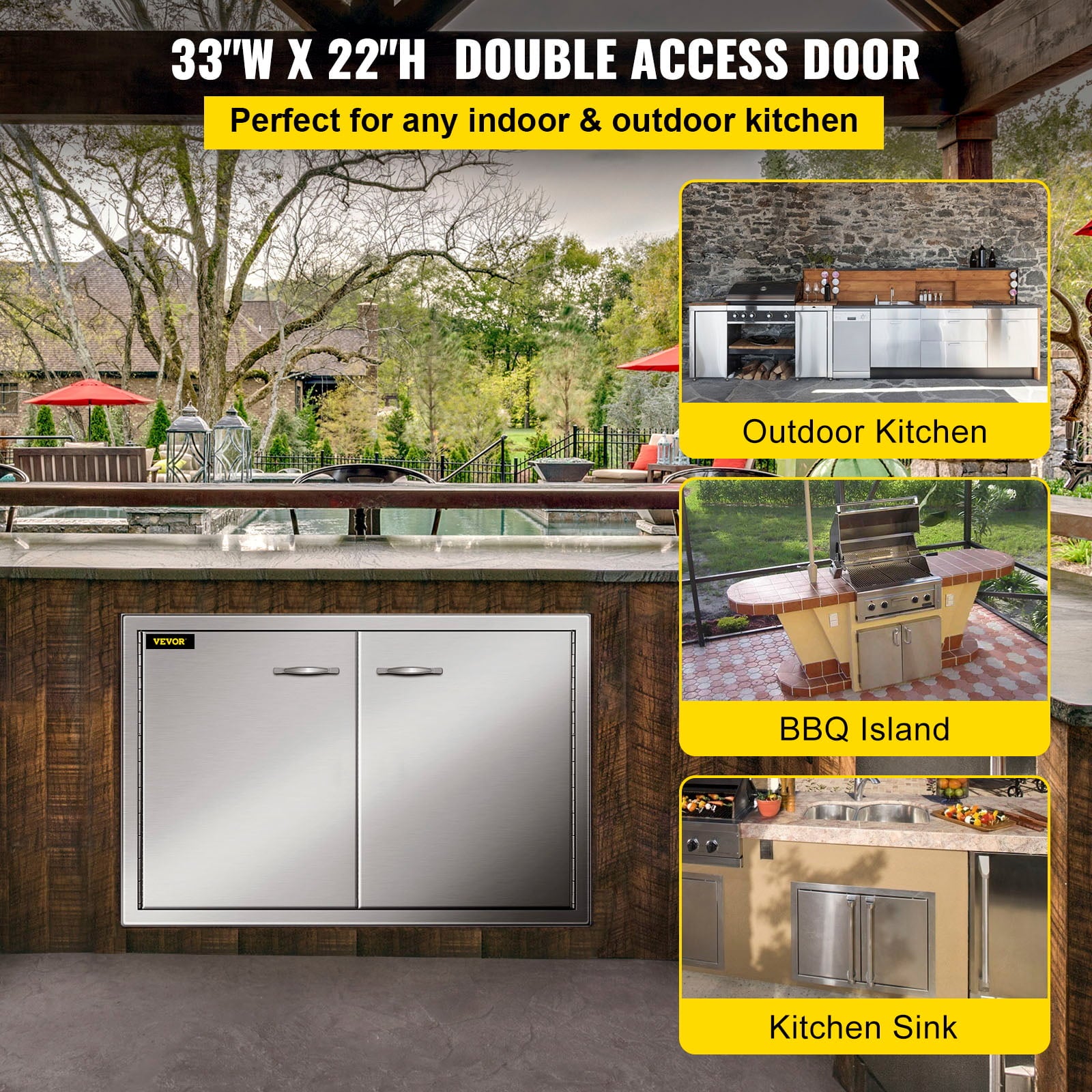 BBQ Access Door 33w x 22h inch. Double BBQ Door Stainless Steel. Outdoor Kitchen Doors for BBQ Island. Grilling Station. Outside Cabinet
