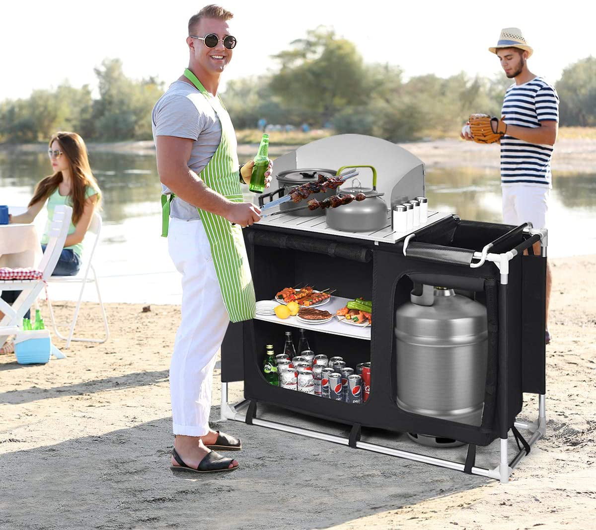 Camping Kitchen Table. Camping Grill Table w/Windscreen & Storage Organizer. Outdoor Kitchen Cook Station with Basin for BBQ. Party. Picnics. Backyards. BBQ Table