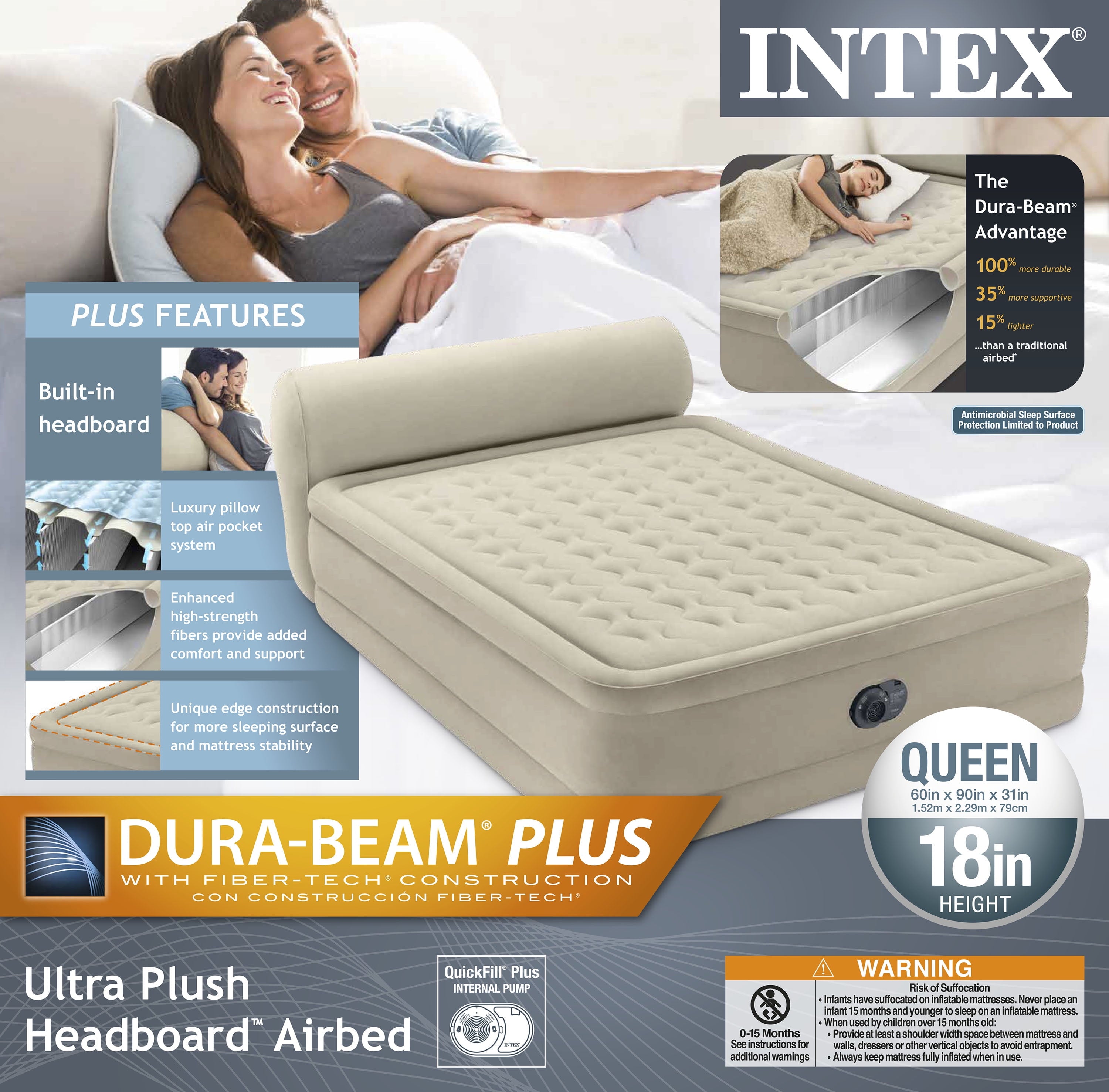 Durabeam Headboard 18 Queen Air Mattress with Built-in Pump