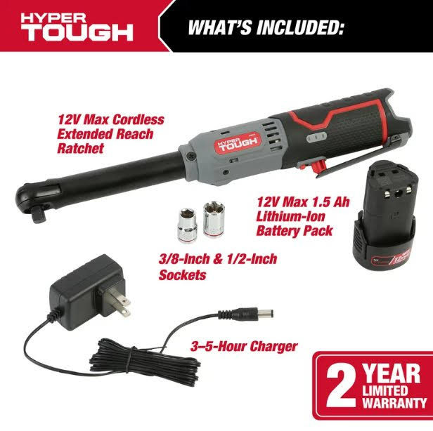 Hyper Tough 12V MAX* 3/8-in Lithium-Ion Cordless Extended Ratchet 1.5Ah Battery and Charger, 99323