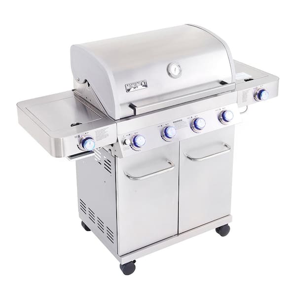 4-Burner Propane Gas Grill in Stainless with LED Controls. Side and Side Sear Burners-Instock