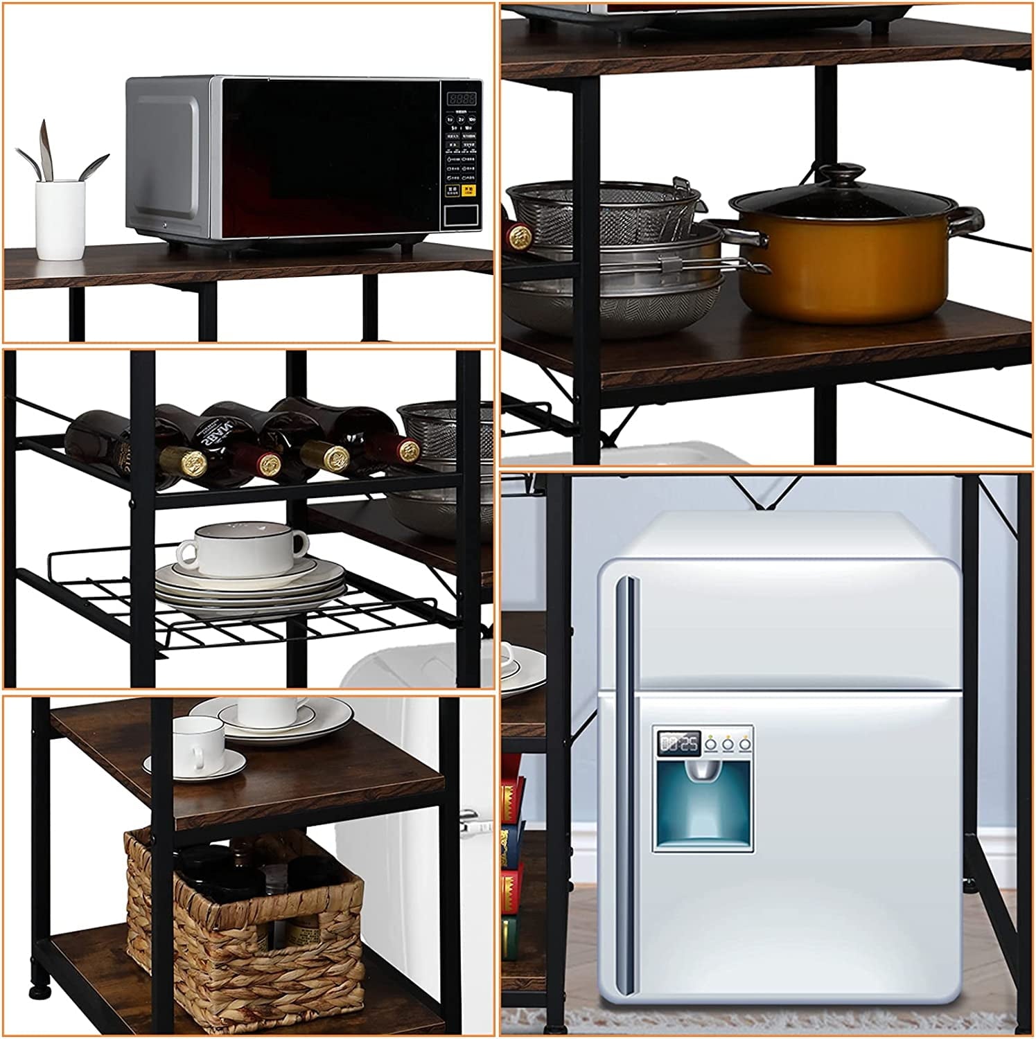 Microwave Stand 4-Tiers Kitchen Storage Fit Mini Fridge Baker��s Rack Shelving Utility Coffee Bar with Big Drawer Wine Rack Metal Frame Industrial Workstation Organizer Kitchen Decor