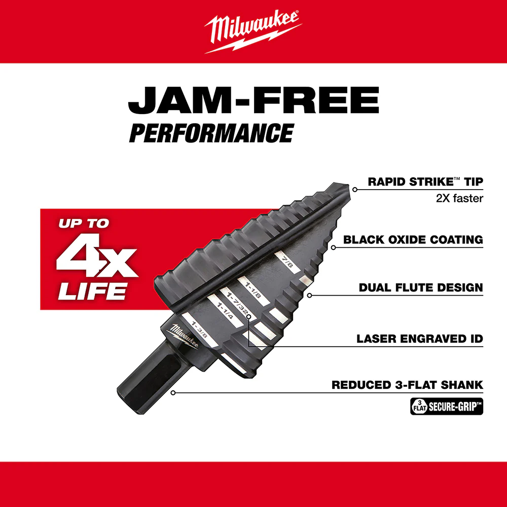 Milwaukee 48-89-9223 3-Flat Black Oxide Jam-Free Step Drill Bit Set - 4pc