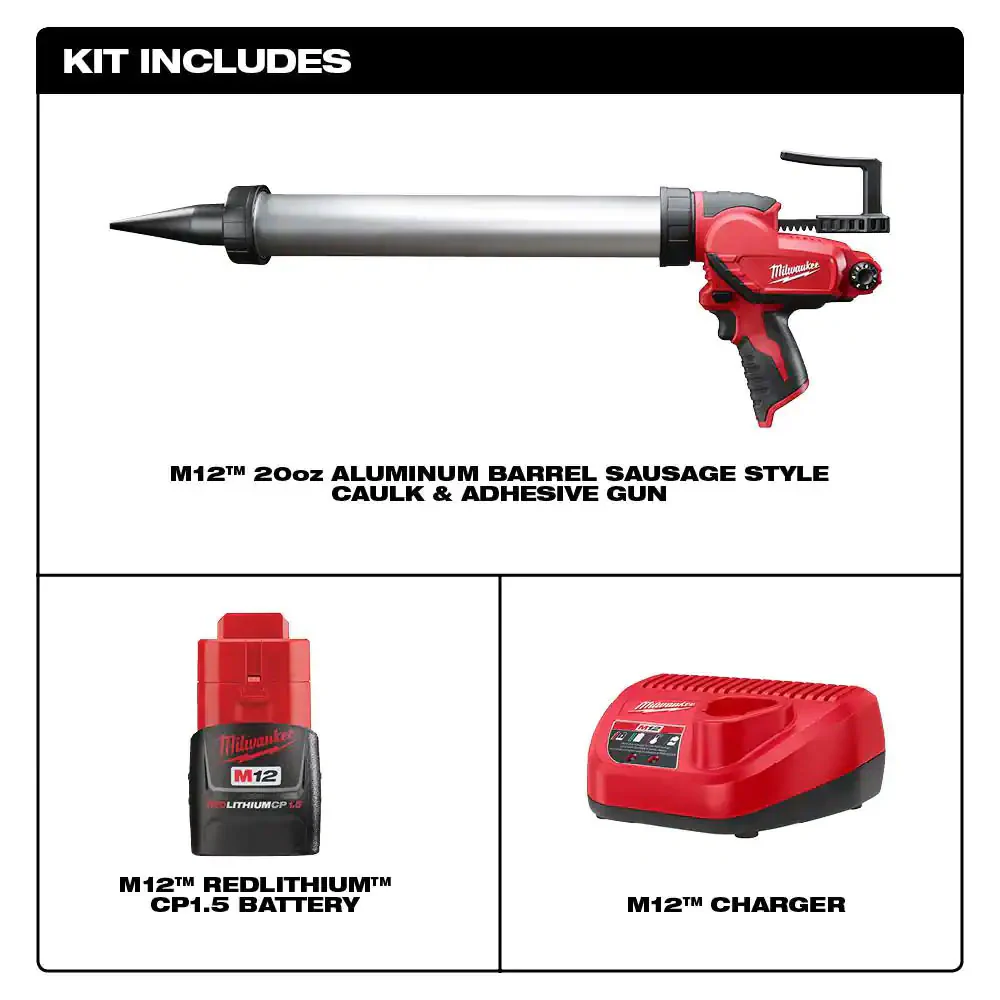 Milwaukee 2442-21 M12 12V 20Oz. Aluminum Caulk And Adhesive Gun Kit
