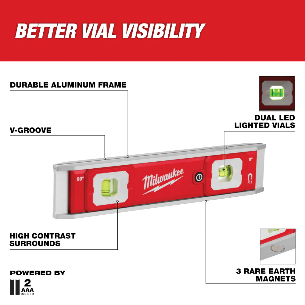 Milwaukee 48-22-5105 9 Durable High Contrast Torpedo Level w/ Lighted Vials