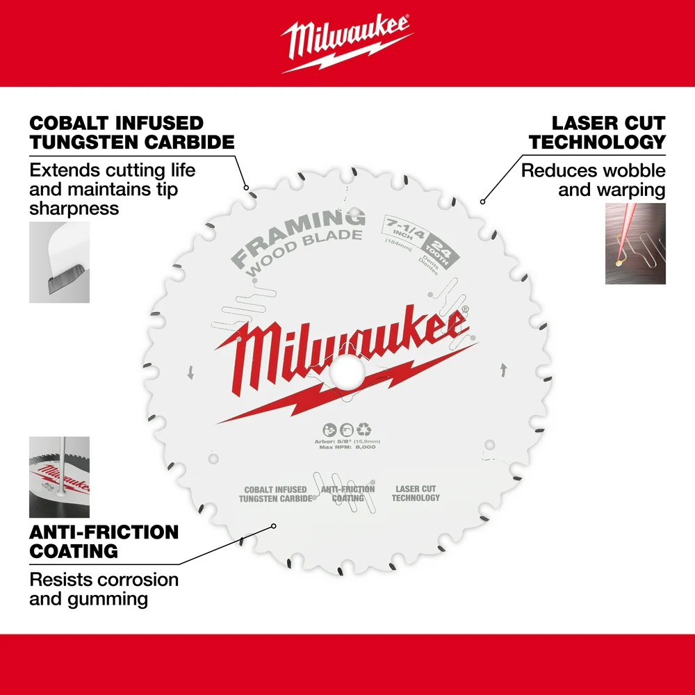 Milwaukee 48-40-0722 7-1/4 24T Framing Circular Saw Blade - 2 PK