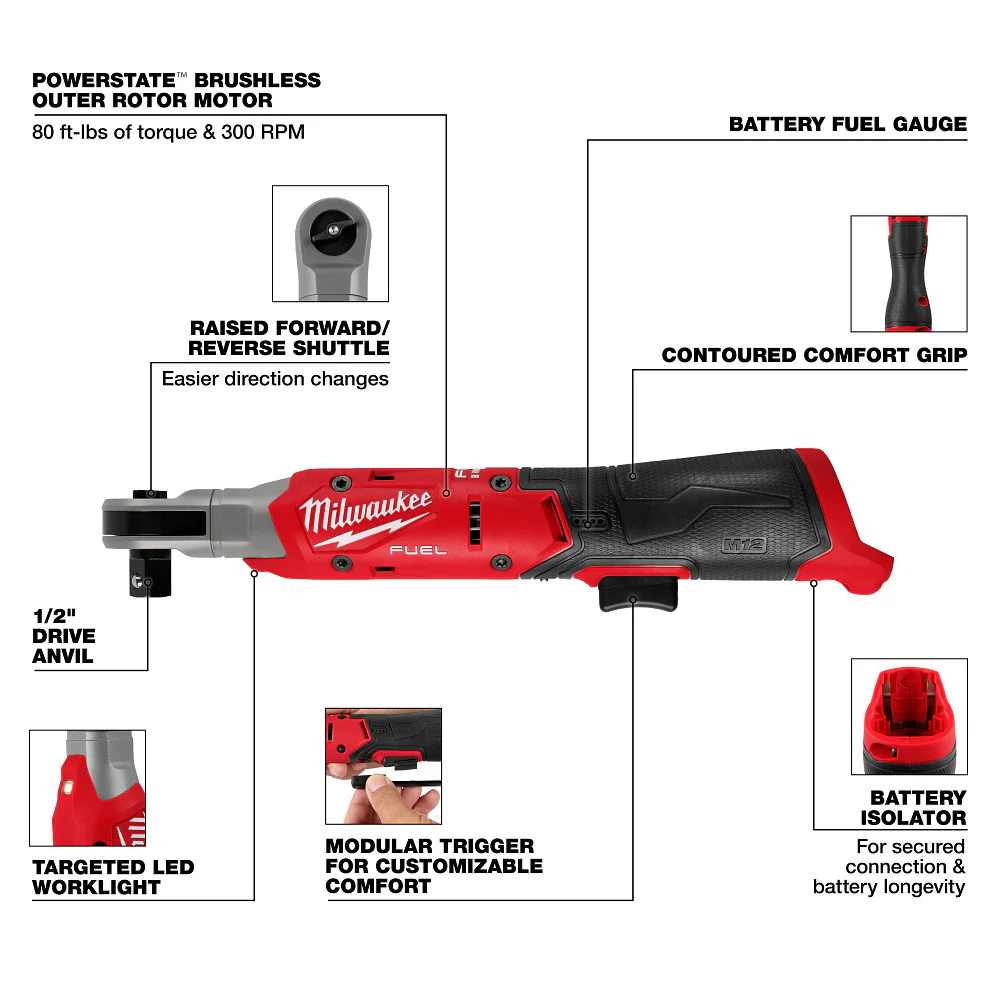 Milwaukee 3054-20 M12 FUEL 12V 1/2 Cordless Li-Ion Ratchet - Bare Tool