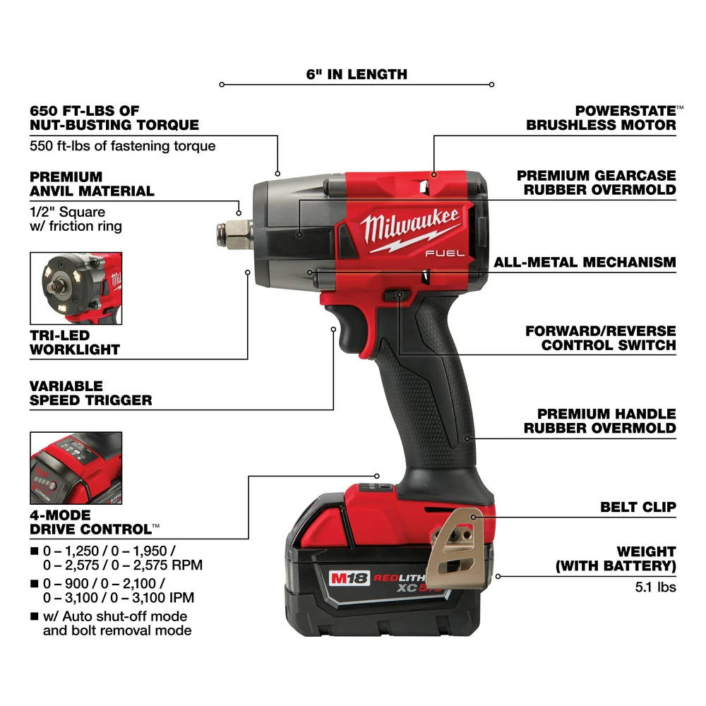 Milwaukee 2962-22R M18 FUEL 18V 1/2 Mid-Torque Impact Wrench w/ Ring Kit