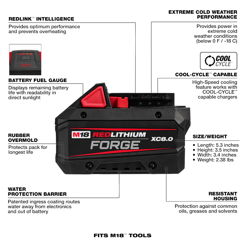 Milwaukee 48-11-1813B8F M18 18V 12AH Forge Battery w/ 8AH Battery