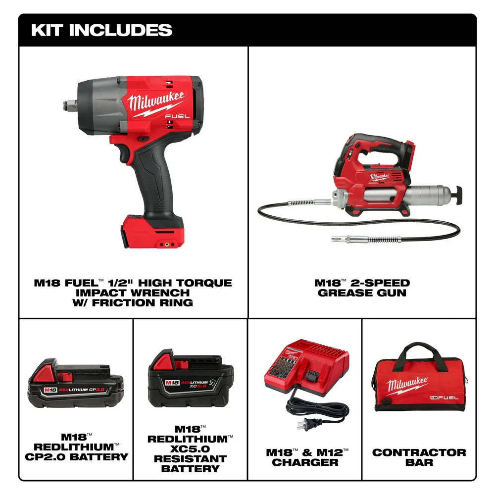 Milwaukee 2967-22GG M18 FUEL 18V 1/2 HTIW Friction Ring & Grease Gun Combo Kit