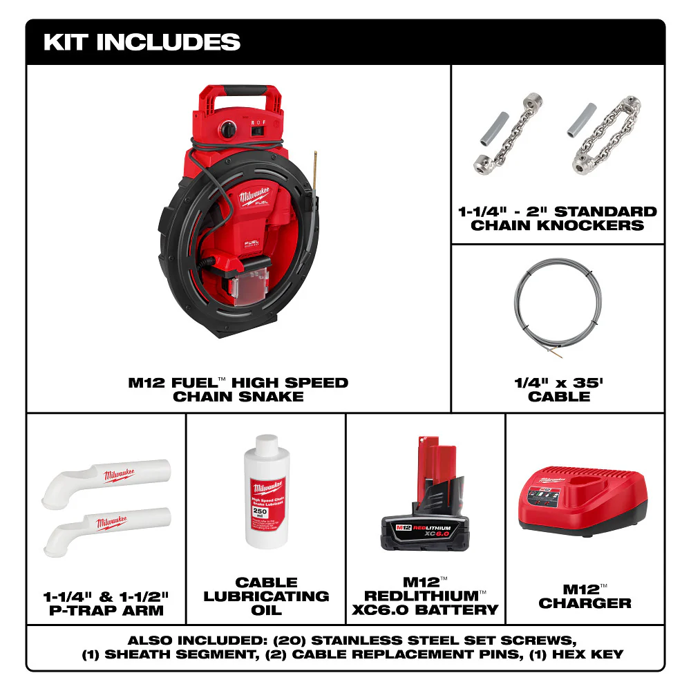 Milwaukee 2519-21 M12 FUEL 12V High Speed Chain Snake for 1-1/4-2 Pipes