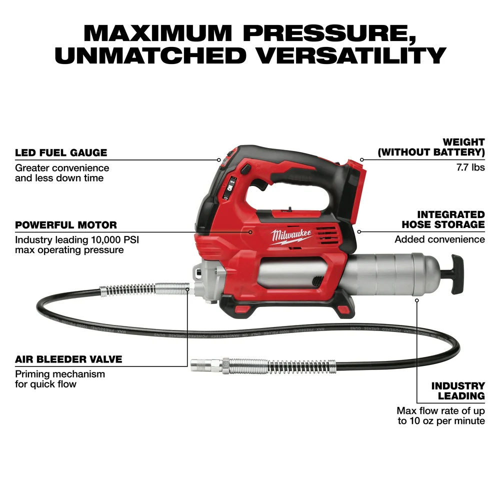 Milwaukee 2646-20 M18 18V 2-Speed 48-Inch Hose Grease Gun - Bare Tool