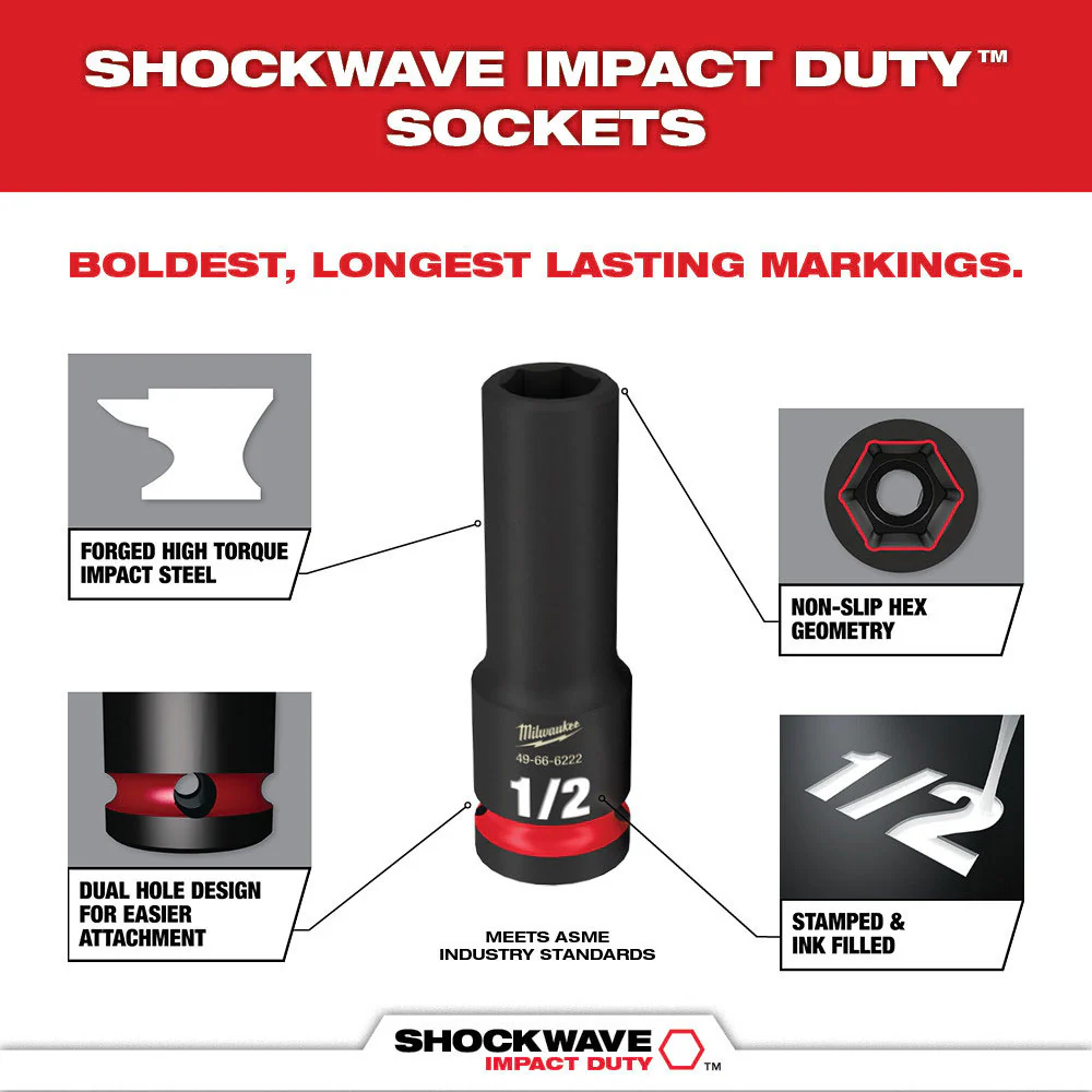 Milwaukee 49-66-7024 SHOCKWAVE 3/8 Drive SAE 6 Point Impact Socket Set - 8PC