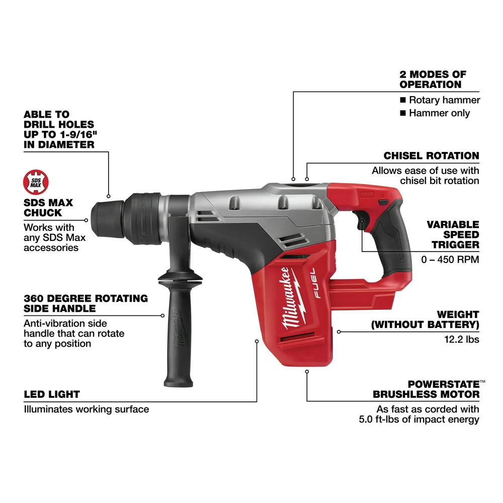 Milwaukee 2717-80 M18 FUEL 18V 1-9/16 SDS-Max Rotary Hammer - Bare Tool - Recon