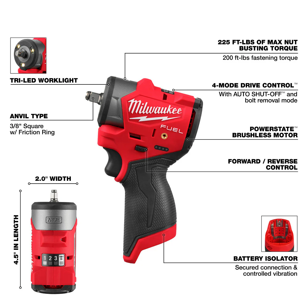 Milwaukee 3049-20 M12 FUEL 12V 3/8 Sub Compact Impact Wrench - Bare Tool