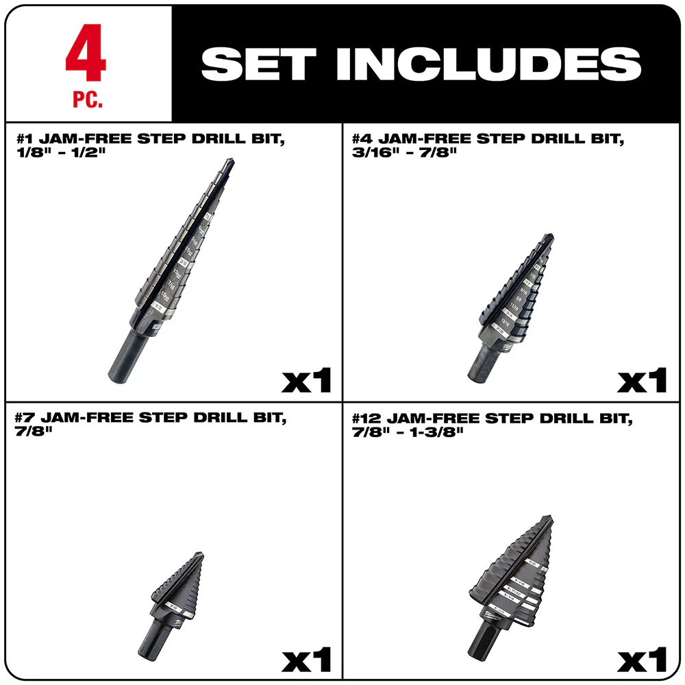 Milwaukee 48-89-9223 3-Flat Black Oxide Jam-Free Step Drill Bit Set - 4pc