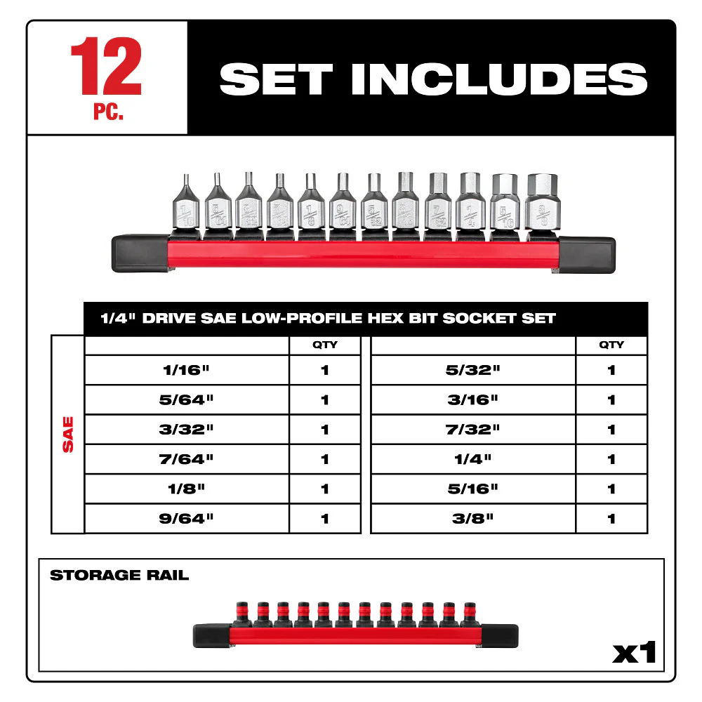 Milwaukee 48-22-9544 1/4 Drive Low-Profile Hex Bit Socket Set - SAE - 12 PC