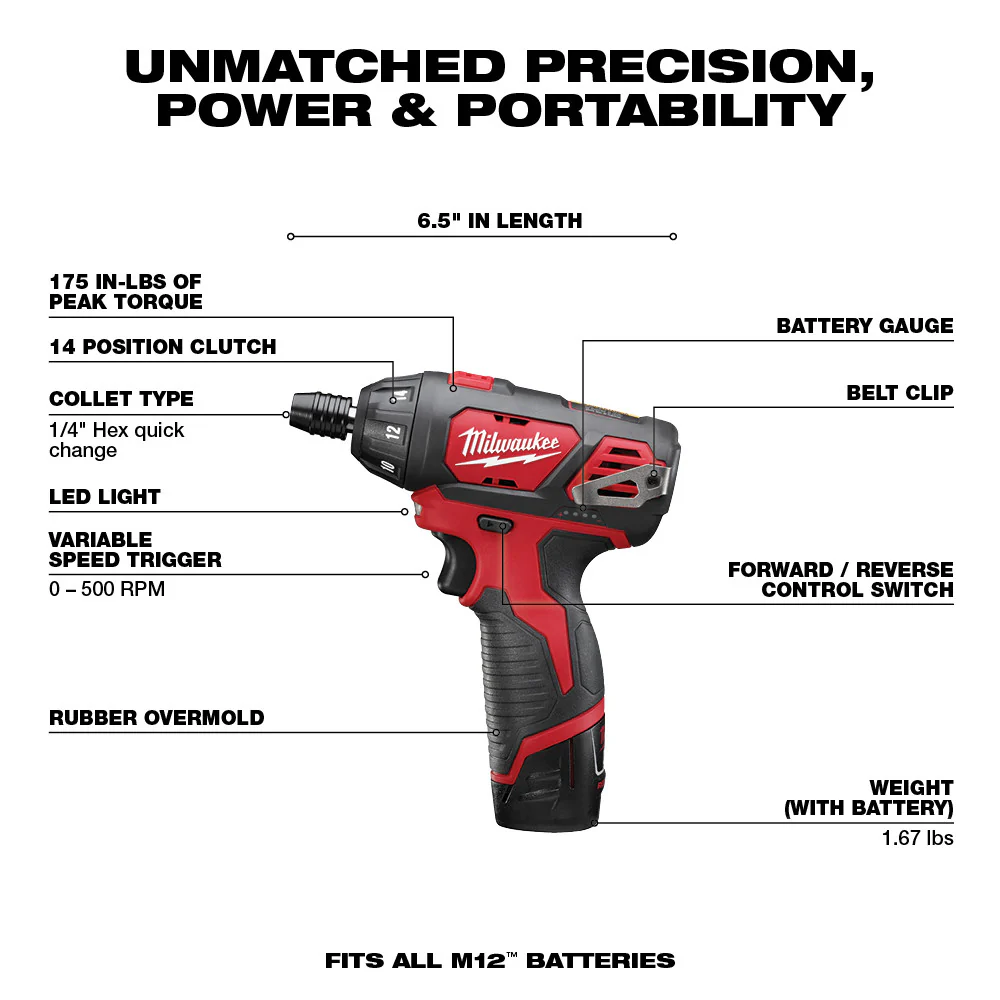 Milwaukee 2482-22 M12 12V Cordless Lithium-Ion Screwdriver Flashlight Combo Kit