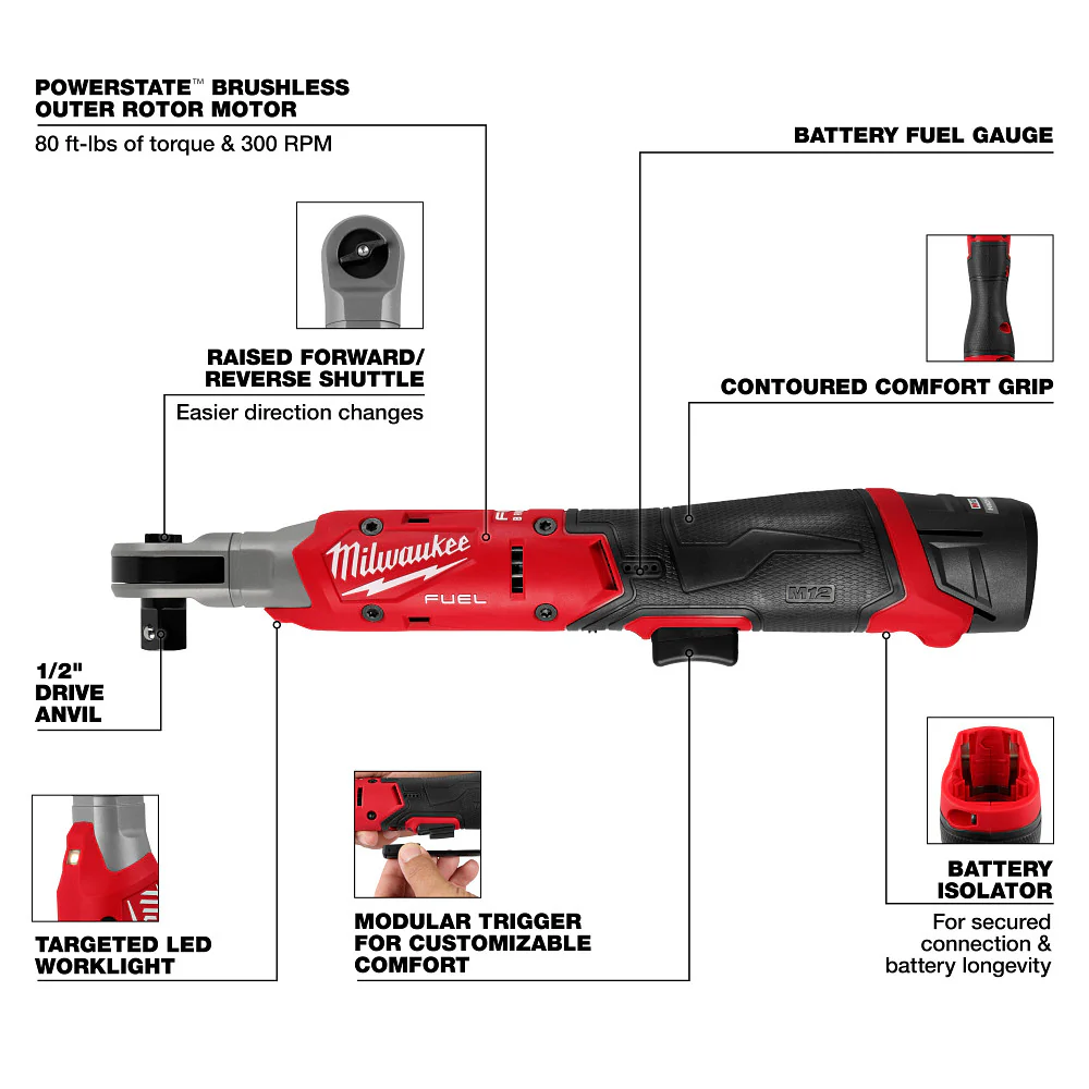 Milwaukee 3054-21 M12 FUEL 12V 1/2 Cordless Li-Ion Ratchet Kit
