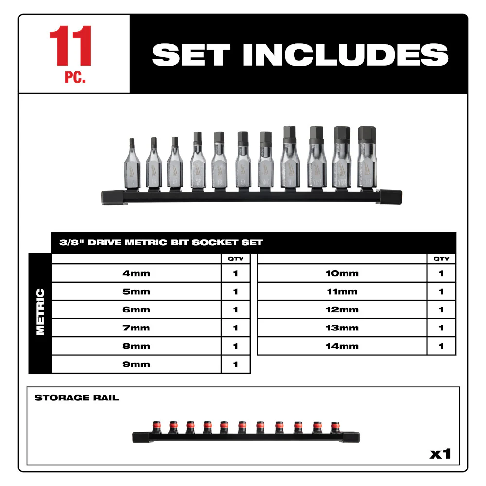 Milwaukee 48-22-9543  3/8 Drive Hex Bit Socket Set - Metric - 11 PC