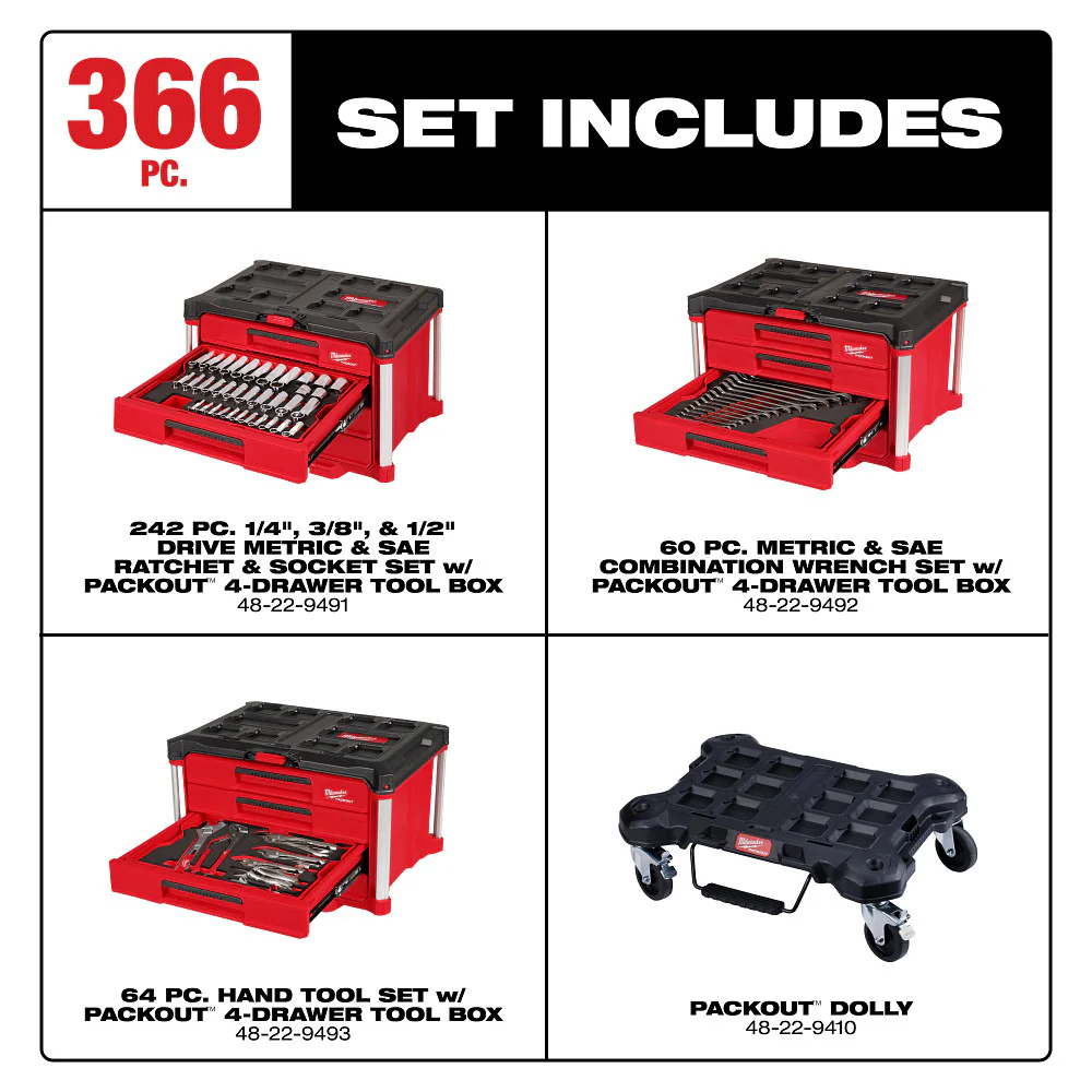 Milwaukee 48-22-9495 Mechanics Hand Tool Master Set w/ PACKOUT Dolly - 366PC