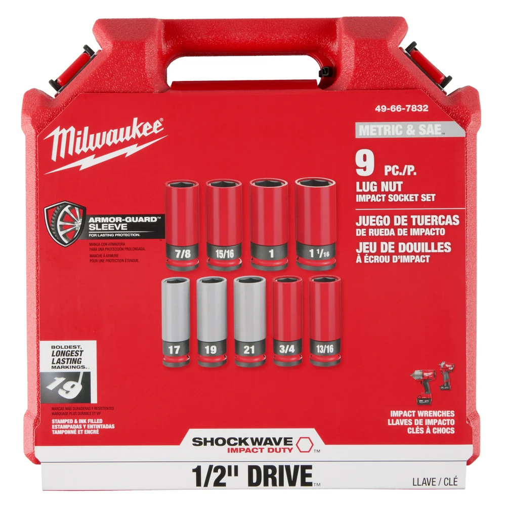 Milwaukee 49-66-7832 SHOCKWAVE 1/2 SAE/Metric Lug Nut Wheel Socket Set - 9 PC