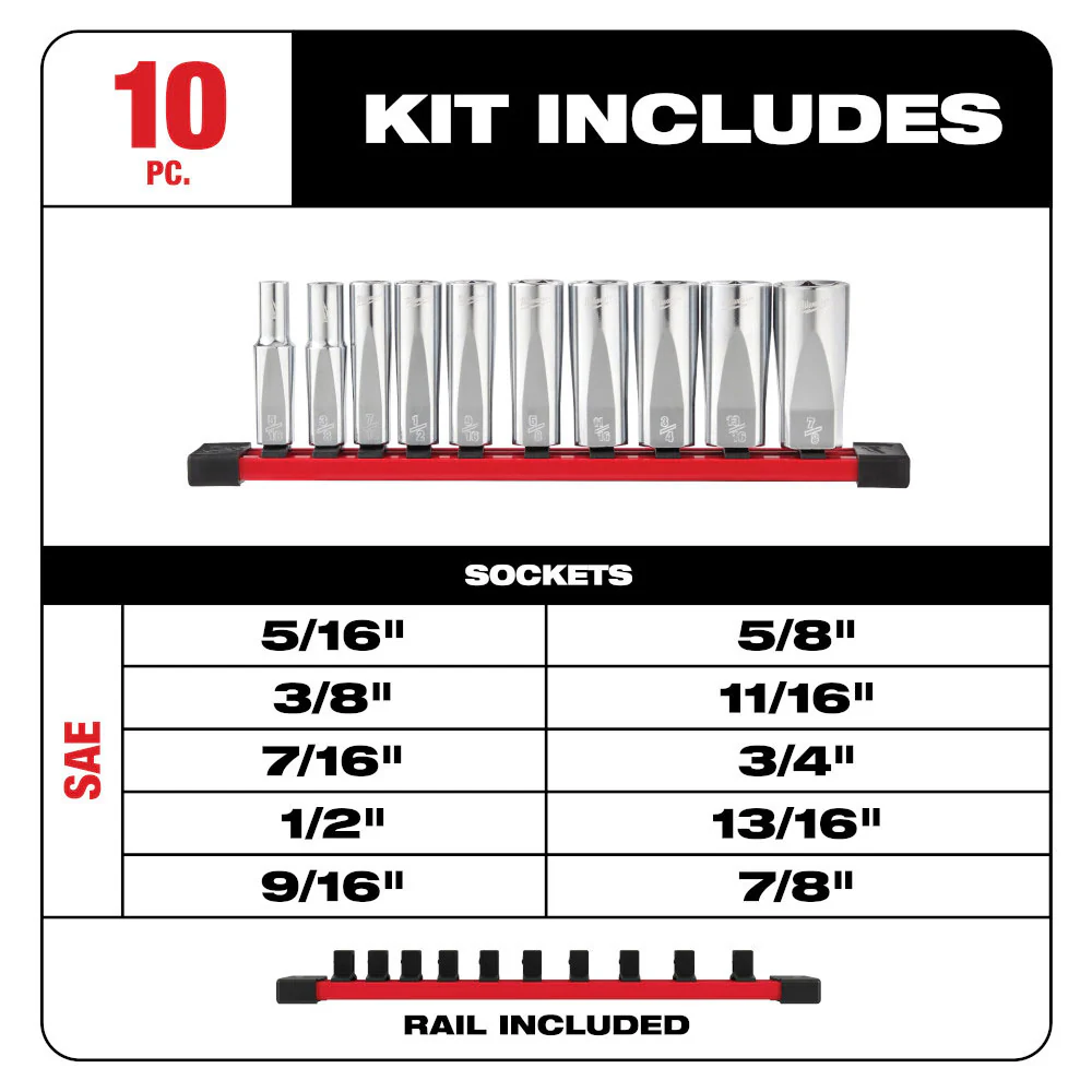Milwaukee 48-22-9405 3/8 Drive Deep Well SAE Socket Set - 10pc