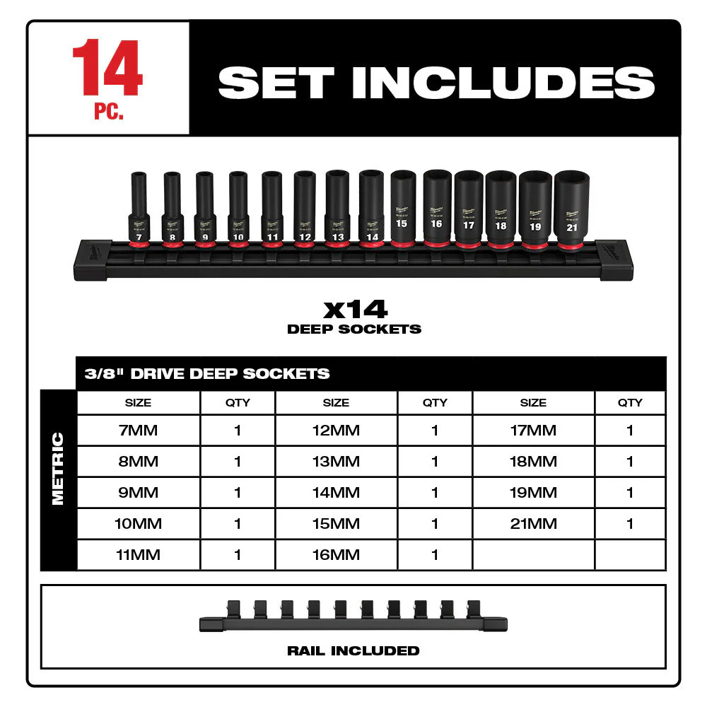 Milwaukee 49-66-7008 SHOCKWAVE 3/8 Drive Metric  6 Point Socket Set - 14PC