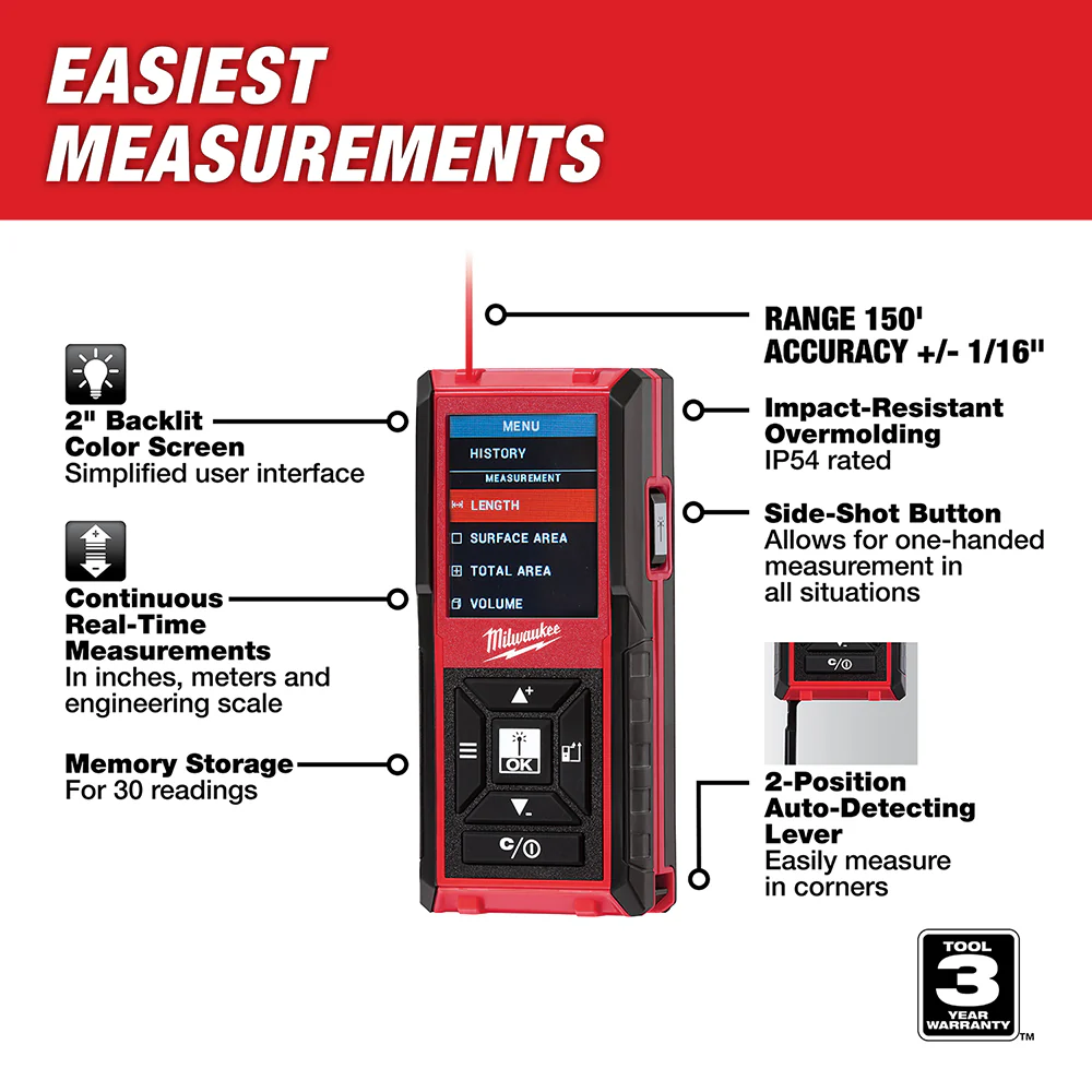 Milwaukee 48-22-9802 150-Foot Heavy Duty Measuring Laser Distance Range Meter