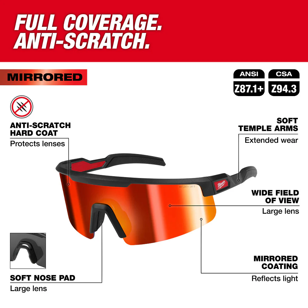 Milwaukee 48-73-2506 Wrap Around Safety Glasses Red Mirrored Anti-Scratch Lens