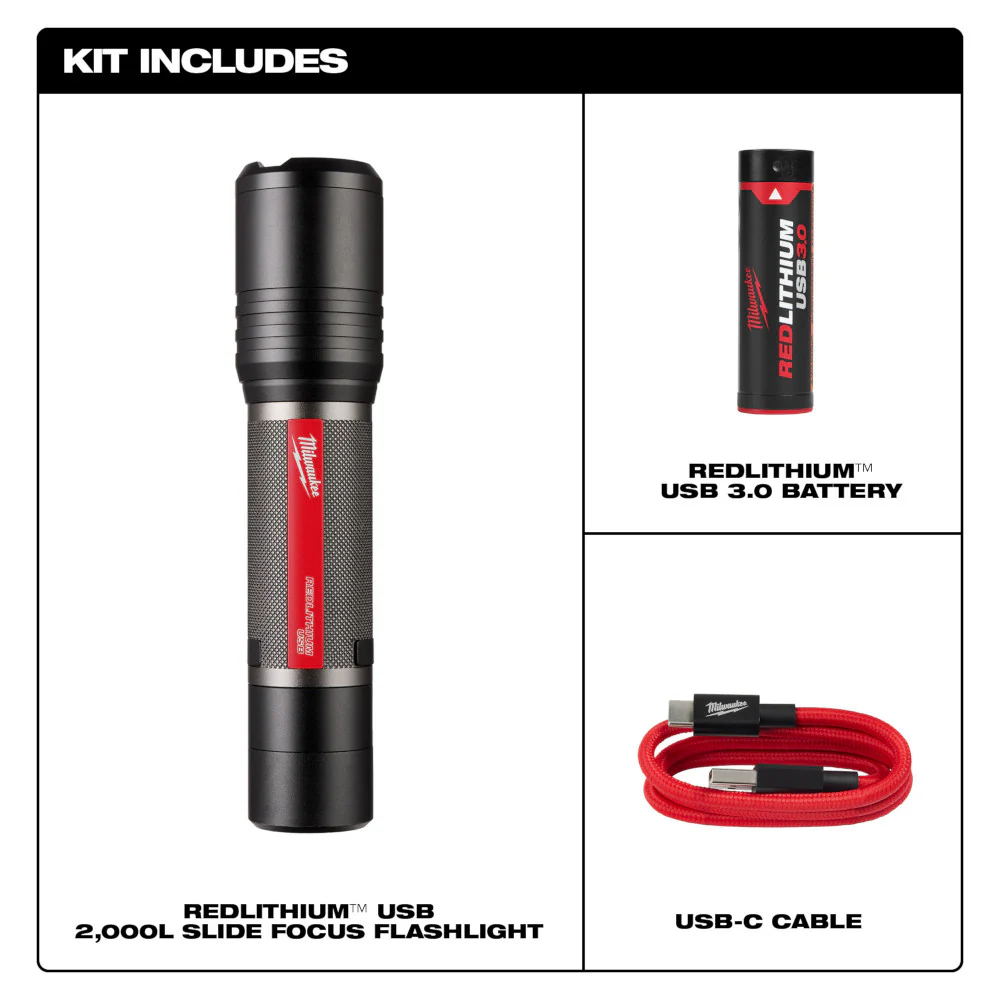 Milwaukee 2162-21 REDLITHIUM USB 2.000 Lumen Cordless Slide Focus Flashlight